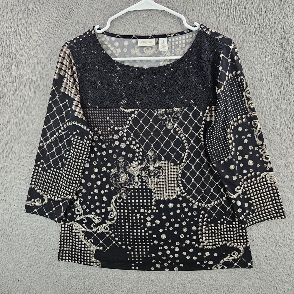 Chicos Black White Mixed Print Lace Yoke 3/4 Sleeve Top Size 1 Medium